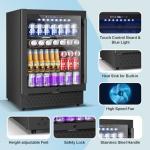 24 Inch Beverage Refrigerator, 5.2 Cu. Ft. Drink Refrigerator with Glass Door, 200 Cans Under Counter & Freestanding Drink Fridge, Reversible Door, Built-In Beverage Cooler for Kitchen, Bar or Office.