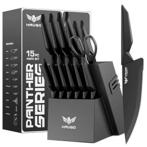 Knife Set - Haugo 15 PCS Kitchen Knife Set with Built in Sharpener - Dishwasher Safe Kitchen Knives - High Carbon Stainless Steel Knife Block Set with Ergonomic Handles - Panther Series