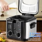 CUSIMAX Electric Deep Fryer for Home Use, 2.5 Liter 1500W Small Deep Fryer with Basket, Adjustable Temperature & Time, Lid with View Window and Odor Free Filter