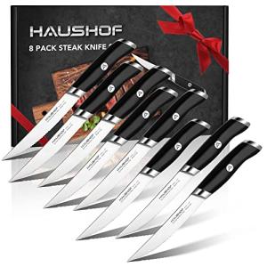 HAUSHOF Steak Knives Set of 8, German Stainless Steel Premium Serrated Steak Knife Set with Gift Box, Full Tang Design with Ergonomic Handle, Gifts Knife Set for Dad, Mom, Husband and Wife