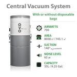 OVO Heavy Duty Powerful Central Vacuum System, Hybrid Filtration (with or Without Disposable Bags) 35L or 9.25Gal, 700 Air watts with 35ft Deluxe Accessory kit Included
