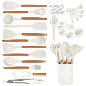 Gaixvny Kitchen Utensils Set - 34 PCS Non-Stick Silicone Cooking Utensils Set with Wooden Handle,Kitchen Gadgets Tools Set for Nonstick Cookware (Cream White-34P)