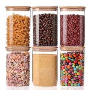 YUNCANG Glass Storage Jars 6 Pack 37oz Clear Glass Food Storage Containers with Airtight Bamboo Lid Stackable Kitchen Canisters for Candy,Cookie,Rice,Sugar,Flour,Pasta,Nuts and Spice Jars(Square)