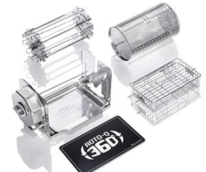 ROTO-Q 360 Family Rotisserie Kit – Non-Electric Wind-Up Spit Roaster with Tumble Basket, Flat Cage, Skewer Set & Mat for Grill, Oven, Smoker, Portable BBQ Cooking, Tailgating, or Camping Use