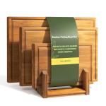 Bamboo Cutting Board Set with Stand, 3PCS Double-Sided Chopping Boards for Kitchen Meal Prep & Serving, Charcuterie, Juice Grooves & Side Handle, Ideal for Meat, Vegetables, Kitchen Essentials