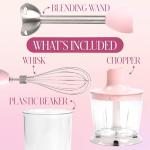 Paris Hilton Hand Blender Set, 2-in-1 Immersion Stick Blender with Whisk & Blending Shaft, 400W High Speed, Pink with Gold Accents – Smoothies, Soups, Sauces, Baby Food, Whipped Cream, Pink