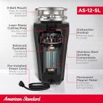 American Standard 10-US-AS-12-SL Garbage Disposal Anti-Jam Stainless Steel Food Waste Grinding System, Slim Line, 1.25 HP, Black