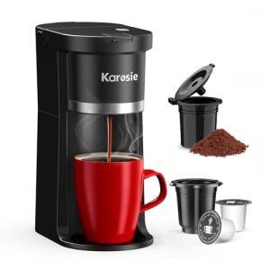 Karosie Small Single Serve Coffee Maker, Fast Brew for K-Cup & Ground Coffee, 6-12 Oz Brew Sizes, One-Button Single Cup Coffee Maker, Coffee Machine with Descaling Reminder,Black
