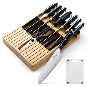 Knife Set with Block, N NOBLE FAMILY 16Pcs Kitchen Knives Drawer Organizer Set with Sharpener, Cutting Board, Anti-Slip Chef Knives Set with 6Pcs Steak Knives, Black