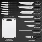 Knife Set with Block, N NOBLE FAMILY 16Pcs Kitchen Knives Drawer Organizer Set with Sharpener, Cutting Board, Anti-Slip Chef Knives Set with 6Pcs Steak Knives, Black