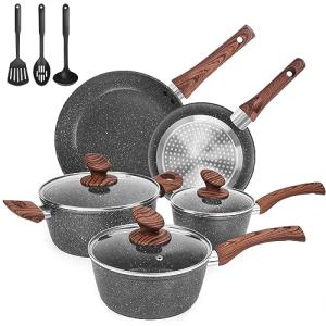M MELENTA Granite Pots and Pans Set Non Stick, 11 Piece Die-Cast Induction Cookware Set, Nonstick Kitchen Cooking Set w/Frying Pans & Saucepans, PFOA Free