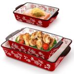 Cedilis Set of 3 Red Ceramic Baking Dishes, Rectangular Bakeware with Handles, Casserole Dishes for Oven, Deep Baking Pan for Lasagna, Roasts, 3Size