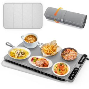Homelove Warming Mat for Food - Fast Full Surface Electric Warming Tray with 7 Temp-Settings & 8H Timer, Portable Roll Up Food Warmer with Heat Insulation Pad for Gatherings Parties Buffet XL-Grey