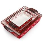 Cedilis Set of 3 Red Ceramic Baking Dishes, Rectangular Bakeware with Handles, Casserole Dishes for Oven, Deep Baking Pan for Lasagna, Roasts, 3Size