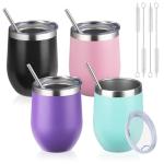 12oz/4 Pack Wine Tumbler with lid, Stainless Steel Travel Mugs Stemless Double Wall Insulated Coffee Cup, Insulated Wine Glasses Travel Tumbler for Cold & Hot Drinks(Mixed color-2, 4)