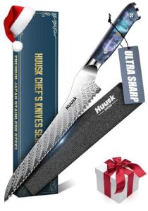 Huusk Serrated Bread Knife 8", Stainless Sourdough Bread Knife with Resin Handle & Cover for Homemade Breads Slicing, Hand Sharpened Breads Cutting Knives for Cake, Bagels, Baguettes, Christmas Gifts