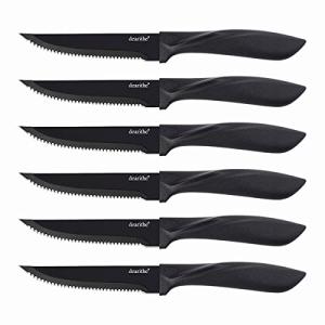 dearithe Steak knives set of 6, Black Serrated Stainless Steel Sharp Blade Flatware Steak Knife Set, 4.5 Inches,Non stick coating for Anti-rusting, for Restaurant Tableware Kitchen Camping
