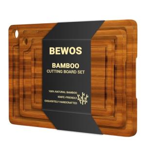 BEWOS 3 PCS Bamboo Cutting Boards Set with Hanging Hole - Wooden Cutting Board with Handles & Juice Grooves, Wooden Cutting Board for Kitchen, Ideal for Slicing Meat, Vegetables, Cheeses and Bread
