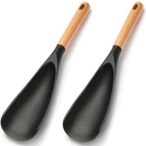 【2 Pack】Silicone Cooking Spoon for Nonstick Cookware - Wooden Handle Kitchen Spoon for Mixing, Flipping, Scraping & Serving - Heat-Resistant Spatula for Baking, Stirring (11.4'' Black 2-Pcs)