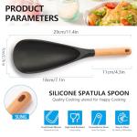 【2 Pack】Silicone Cooking Spoon for Nonstick Cookware - Wooden Handle Kitchen Spoon for Mixing, Flipping, Scraping & Serving - Heat-Resistant Spatula for Baking, Stirring (11.4'' Black 2-Pcs)