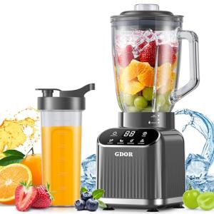 GDOR Professional Blender for Smoothies, 5 Functions, 1200 Peak Watts Smoothie Blender, 52 Oz Glass Jar & 24 Oz To-Go Cup Combo, Blenders for Smoothies, Ice and Frozen Fruit, Self-Cleaning, Gray