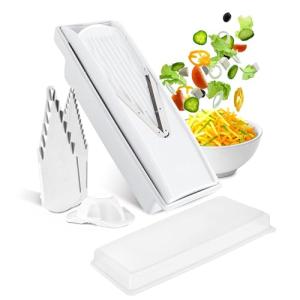 Swissmar V-Prep™ Mandoline Slicer – Versatile Kitchen Slicer for Julienne, Shred, Cube & Slice – Includes Multi-Function Bowl & Safety Holder – Essential Kitchen Gadget – White