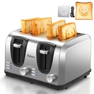 Yabano 4 Slice Toaster, Toaster with Extra Wide Slot and 7-Shade Settings, Defrost and Reheat Function, Make Toast with Smiley Faces, Stainless Steel