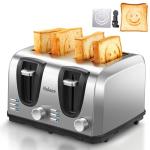 Yabano 4 Slice Toaster, Toaster with Extra Wide Slot and 7-Shade Settings, Defrost and Reheat Function, Make Toast with Smiley Faces, Stainless Steel