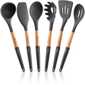 6 Pcs Cookward Silicone Cooking Utensils Set-Natural Wood Kitchen Utensils – Eco Friendly & BPA Free, Non-Scratch & Non-Stick Easy Grip -Dark gray