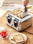 Yabano 4 Slice Toaster, Toaster with Extra Wide Slot and 7-Shade Settings, Defrost and Reheat Function, Make Toast with Smiley Faces, Stainless Steel