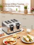Yabano 4 Slice Toaster, Toaster with Extra Wide Slot and 7-Shade Settings, Defrost and Reheat Function, Make Toast with Smiley Faces, Stainless Steel