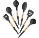6 Pcs Cookward Silicone Cooking Utensils Set-Natural Wood Kitchen Utensils – Eco Friendly & BPA Free, Non-Scratch & Non-Stick Easy Grip -Dark gray