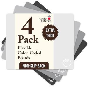 Extra Thick Flexible Cutting Mat Set With Food Icons & EZ-Grip Back (Set Of 4 Mats) - Flexible Cutting Boards for Kitchen - Flexible Plastic Cutting Board Set (Black and White)…