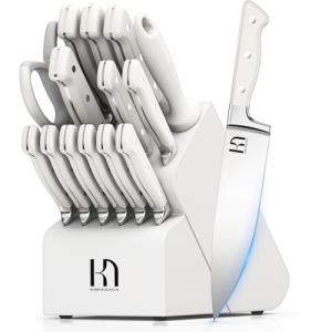 KnifeSaga Kitchen Knife Block Set, 15-Piece Enduring Ultra Sharp Knife Set, Japanese High Carbon Stainless Steel, Premium Forged Knives for Kitchen and Professional Chefs, White