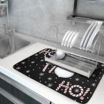 Giwawa Santa Laugh Dish Drying Mat Winter Snowflakes Black Dish Drainer Mats Xmas Candy Cane Stick Sweet Dish Dry Pad for Kitchen Countertop Coffee Bar 18x24 inch Large