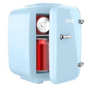 YASHE Mini Fridge, 4 Liter/ 6 Cans Small Refrigerator for Bedroom, 110V AC/ 12V DC Thermoelectric Cooler and Warmer for Drink Office Dorm Car, Blue