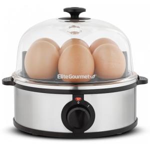 Elite Gourmet EGC724SS Easy Electric Poacher, Omelet Eggs & Soft, Medium, Hard-Boiled Egg Boiler Cooker with Auto Shut-Off and Buzzer, Measuring Cup Included, BPA Free, 7, Stainless Steel
