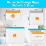 12 Pack Reusable Freezer Bags Dishwasher Safe, Leakproof Food Storage Bags, Silicone Bags for Food Storage Home Organization (4 Reusable Snack Bags 4 Sandwich Bags 4 Gallon Freezer Bags)