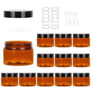 AuroTrends 4oz Amber Plastic Jars with Lids 12Pack, Small Salve Containers Ideal for Creams, Candles, Accessories and DIY Lotions, White Stickers and Spatula Included (120ml, Set of 12