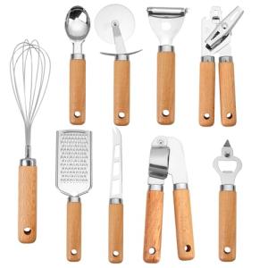 Stainless Steel Kitchen Gadget Set – 9 PCS Western Cooking Utensil & Tool with Wooden Handle: Pizza Cutter, Garlic Press, Can and Bottle Opener, Ice Cream Scoop, Peeler, Cheese Grater and Knife, Whisk