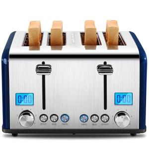 Roter Mond Countdown Stainless Steel 4 Slice Toaster with Bagel, Defrost, Cancel Function, Dual Toaster, Extra Wide Slots, 6 Shade Settings, Removable Crumb Trays, 1650W, Blue
