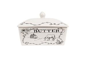 Creative Co-Op Country Stoneware Butter Dish with Lid, "Spread the Love" Message, and Farm Line Drawing, White and Black, Food, Microwave, and Dishwasher Safe