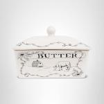 Creative Co-Op Country Stoneware Butter Dish with Lid, "Spread the Love" Message, and Farm Line Drawing, White and Black, Food, Microwave, and Dishwasher Safe