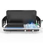 ROVSUN 2-in-1 Portable Camping Stove & Propane Grill with Enamel Griddle & Piezo Igniter, Tabletop Camp Stove with Built-in Handle, Wind Panel & Regulator for Camping, Tailgating, Grilling (Black)