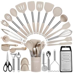 Fyvva Large Cooking Utensils Set, 35 Pcs Kitchen Utensils Set with Holder, Silicone Spatula Set with Stainless Steel Handle, Whisk, Basting Brush, Kitchen Gadgets for Nonstick Cookware (Khaki)