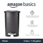 Amazon Basics Compact Plastic Bathroom Trash Can with Hands Free Foot Pedal, Quiet Close Step-On, 6 Liters, Black, Lid Included
