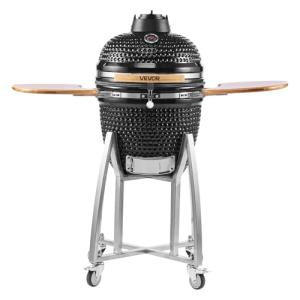 VEVOR Charcoal Smoker and Grill, 18" Kamado Charcoal BBQ Smoker, Movable Ceramic Barbecue Grill with 4 Wheels (2 Lockable), Built-in Thermometer, Air Vents & Side Shelf for Outdoor Patio Yard Cooking