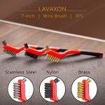 Lavaxon Wire Brush Set 3Pcs - Nylon/Brass/Stainless Steel Bristles with Curved Handle Grip for Rust, Dirt & Paint Scrubbing with Deep Cleaning – 7 Inches (Red)