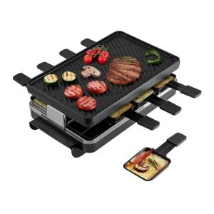 Swissmar Classic 8-Person Raclette Party Grill - Indoor Electric Grill & Griller with Reversible Cast Iron Grill Plate/Crepe Top - Anthracite Black