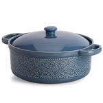 FUN ELEMENTS Lace Emboss Casserole Dish with Lid, 2 Quart Oven to Table Ceramic Round Serving Dish with Handles for Dinner and Party, Thanksgiving Christmas Gifts(Grayish Blue)